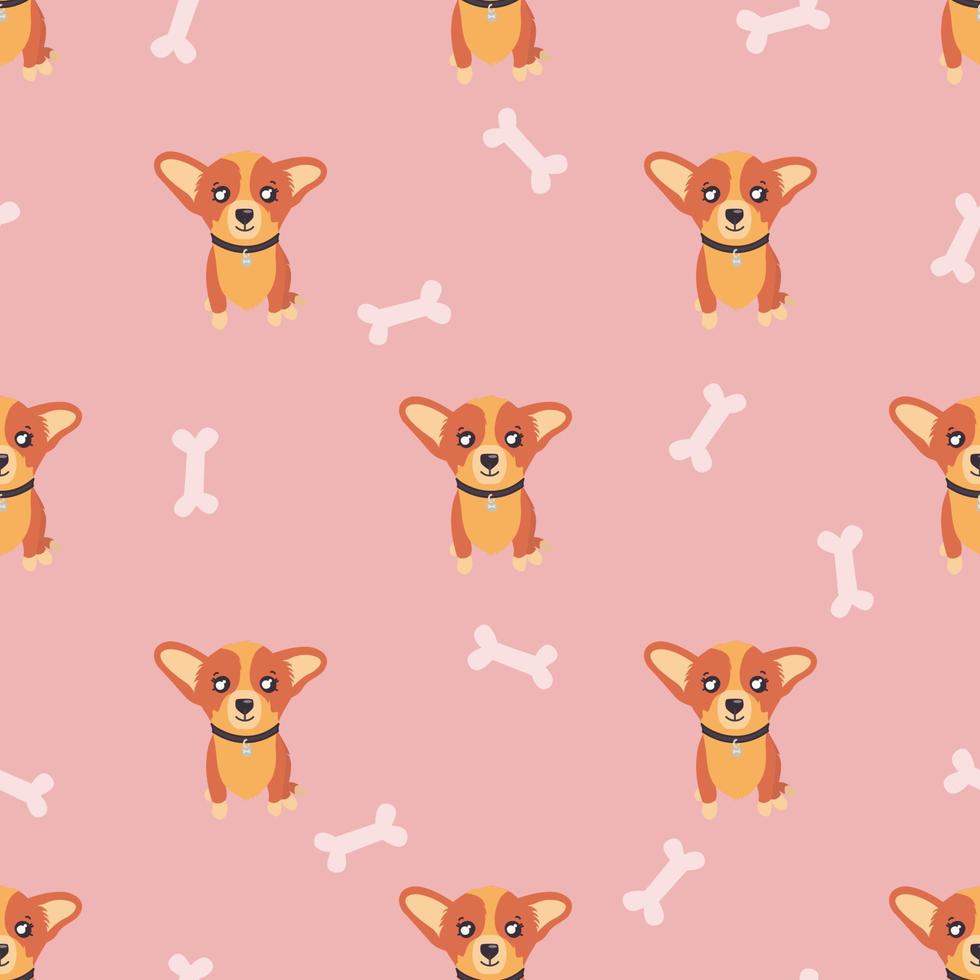 hond naadloos patroon. corgi puppy Aan roze achtergrond met botten. vector illustratie in tekenfilm stijl