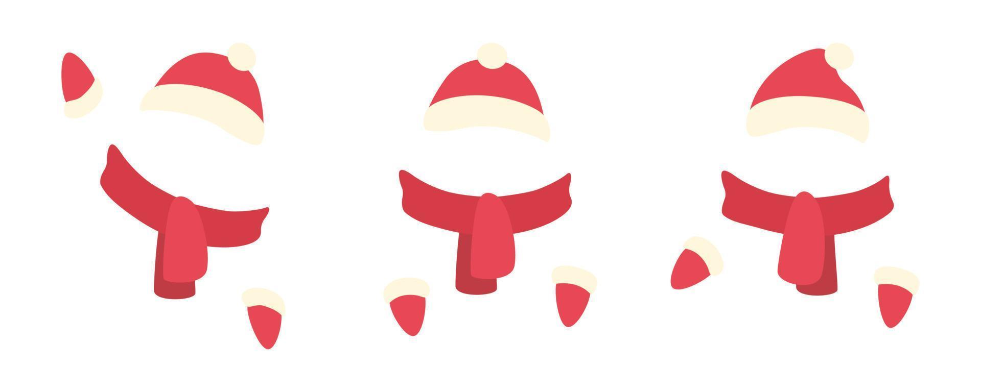 hoed, sjaal en wanten set. rood de kerstman gebreid wollen kleren. vector illustratie