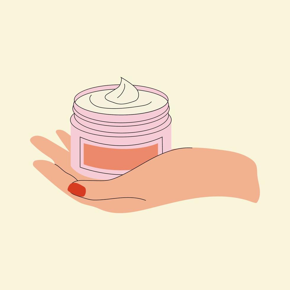 vrouw handen met room. vrouw toepassen behandeling lotion. hand- getrokken vector illustratie