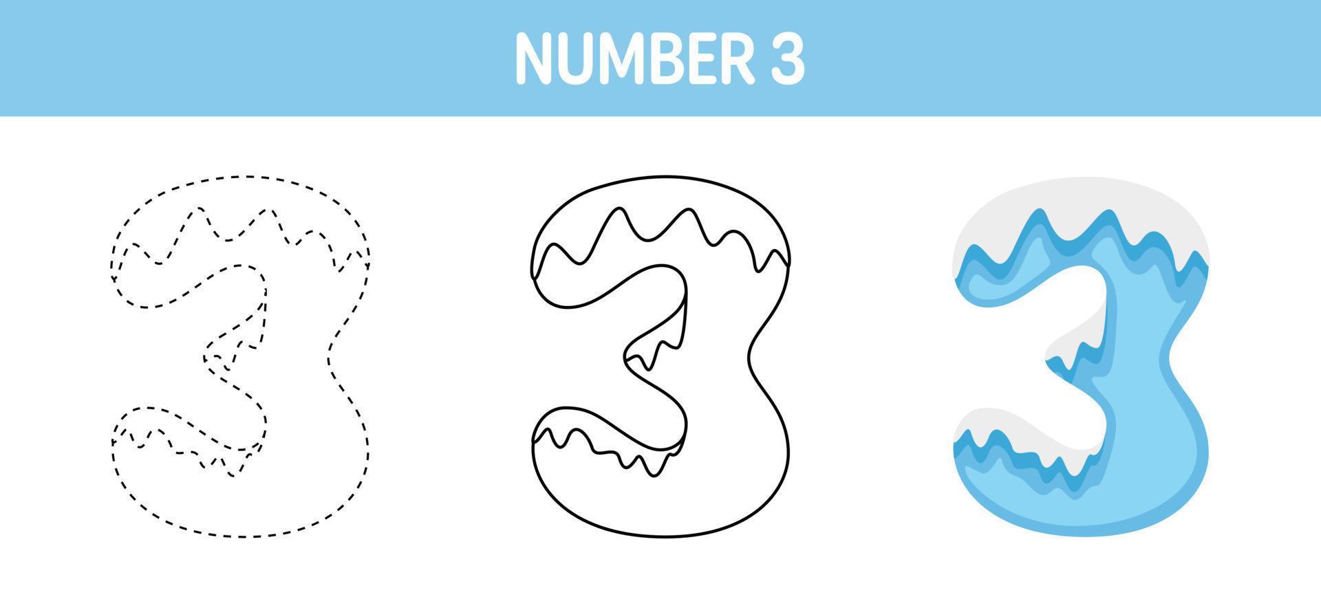 aantal 3 sneeuw traceren en kleur werkblad voor kinderen vector