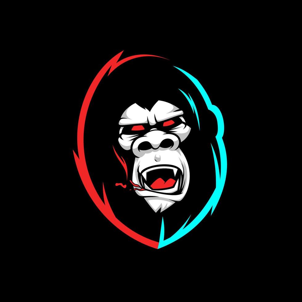 boos gorilla mascotte esport embleem logo met glitch kleur. illustratie van gorilla gelaats uitdrukking. vector