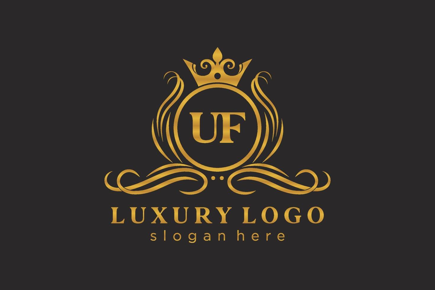 eerste uf brief Koninklijk luxe logo sjabloon in vector kunst voor restaurant, royalty, boetiek, cafe, hotel, heraldisch, sieraden, mode en andere vector illustratie.