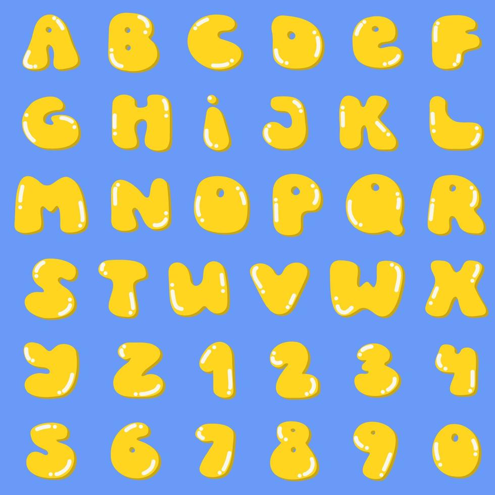 groovy hippie mollig brieven en nummers. geel dooier vorm doopvont met figuren, zonnig kant omhoog gebakken ei motieven alfabet Aan blauw achtergrond. voor schattig grappig psychedelisch tekst kaart. vector illustratie