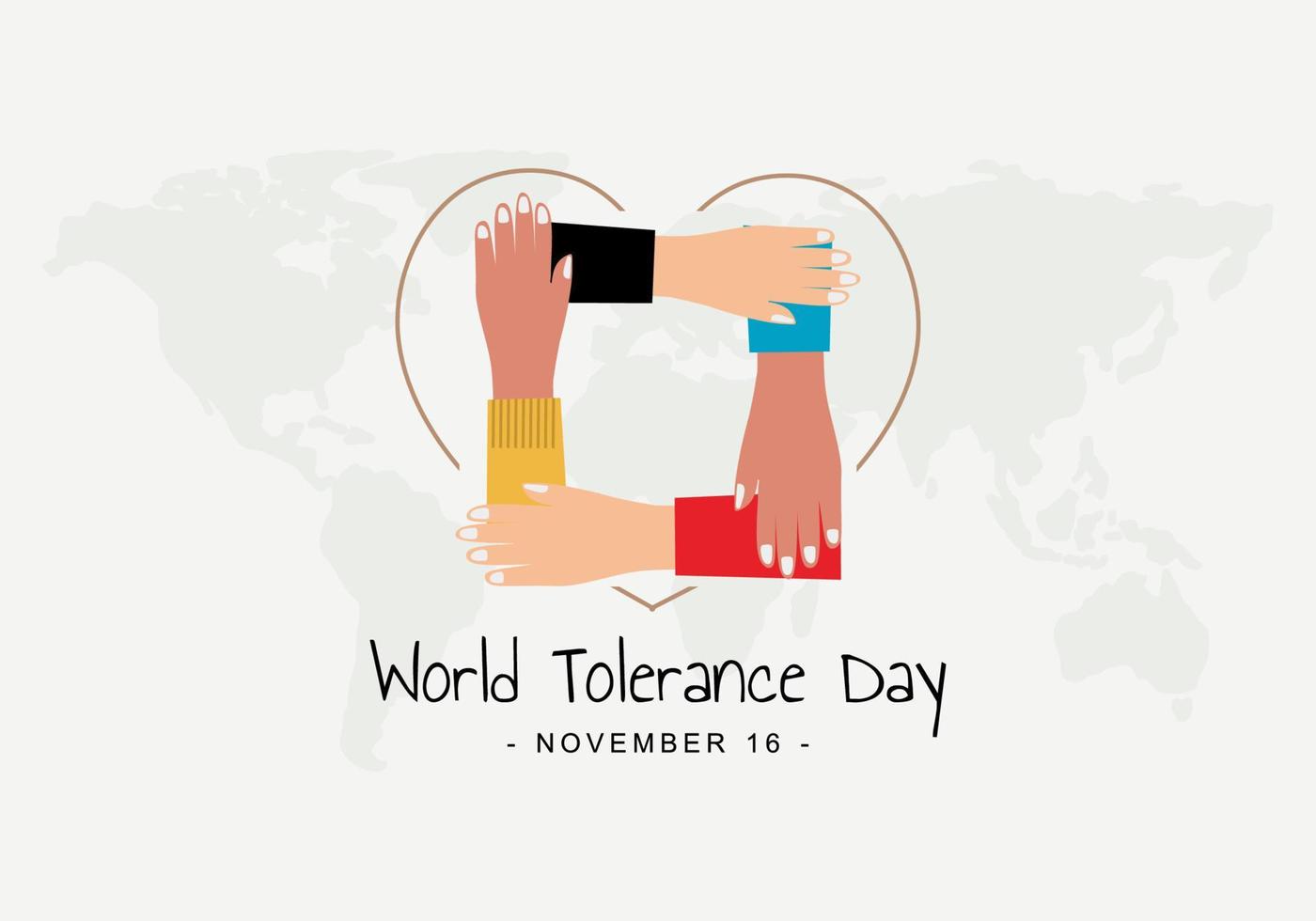 wereld tolerantie dag achtergrond met hand- in hand- en wereld kaart. vector