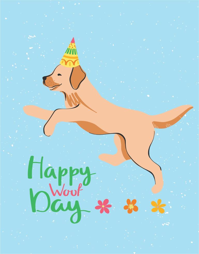 mooi ansichtkaart met een labrador puppy in een feestelijk kap. creatief vector illustratie. gelukkig verjaardag ontwerp. partij decor.