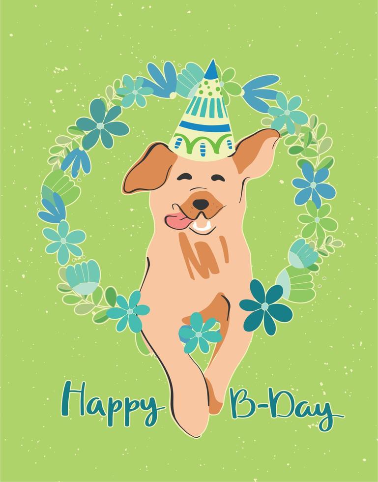 mooi ansichtkaart met een labrador puppy in een feestelijk pet in een bloem krans Aan een groen achtergrond. creatief vector illustratie. gelukkig verjaardag ontwerp. partij decor.