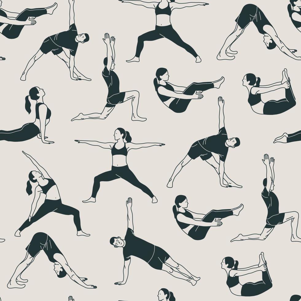 naadloos patroon met jong mensen vervelend sportkleding aan het doen yoga. de concept van sport, Sportschool, yoga, pilates, fitheid, meditatie en kom tot rust. Gezondheid zorg en levensstijl concept. vector illustratie.