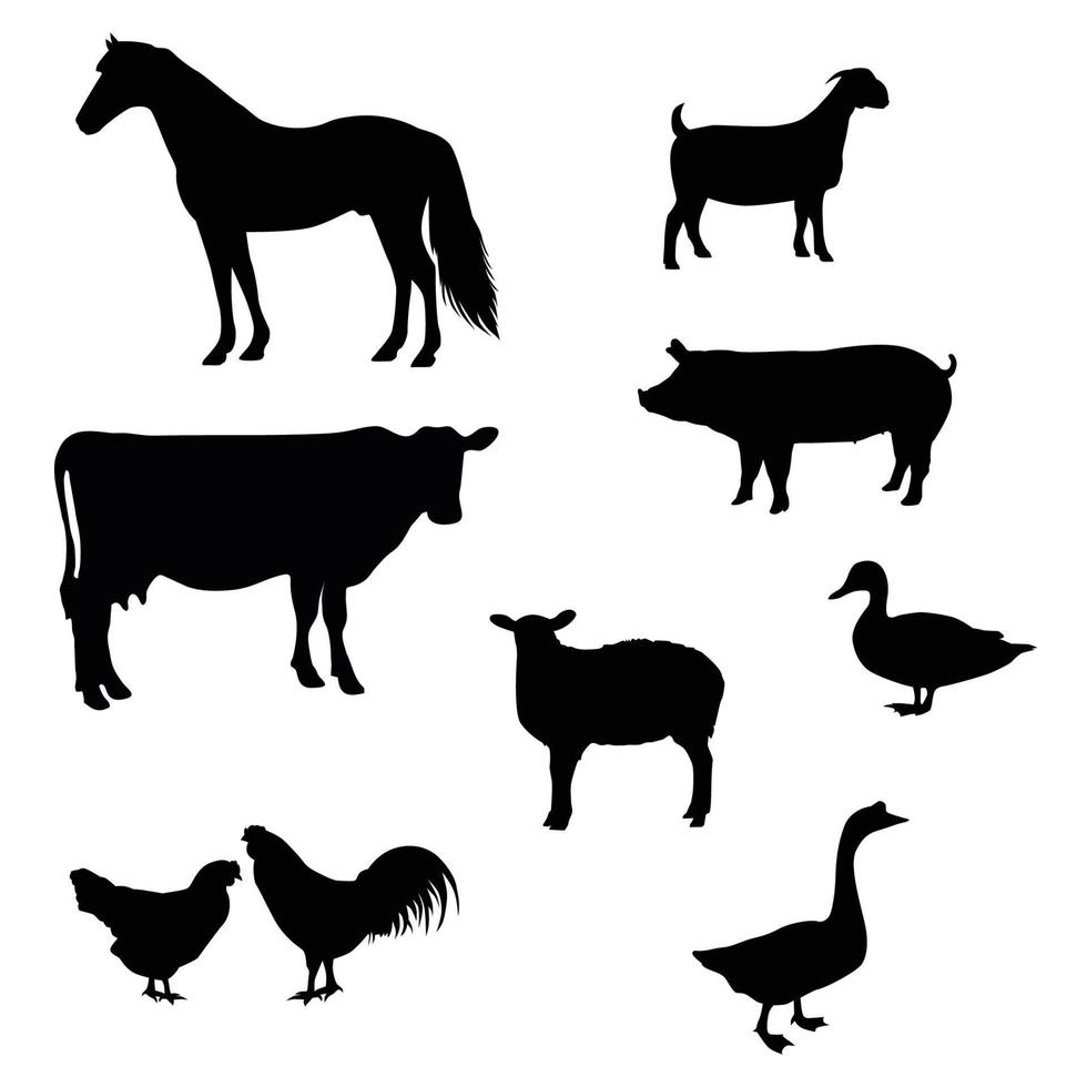 verzameling van boerderij dieren of vee zwart silhouet vector