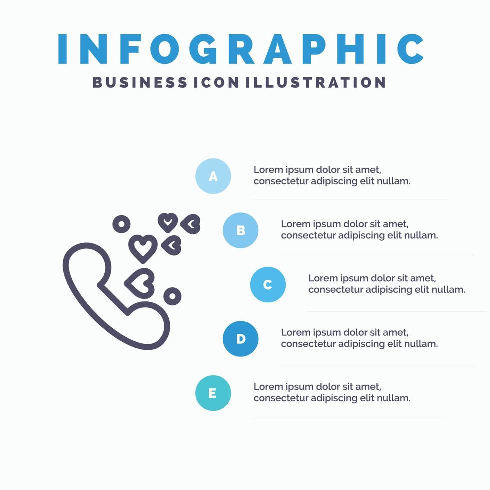 telefoon liefde hart bruiloft lijn icoon met 5 stappen presentatie infographics achtergrond vector