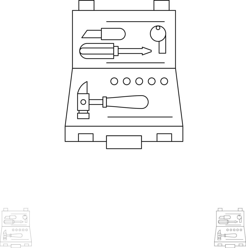 gereedschap gebouw bouw reparatie doos stoutmoedig en dun zwart lijn icoon reeks vector