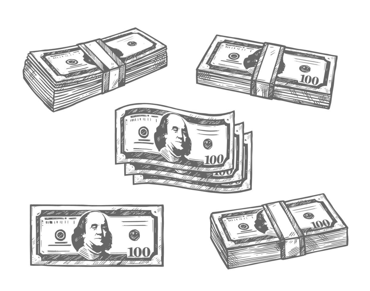 100 dollar bankbiljetten bundels vector schetsen pictogrammen