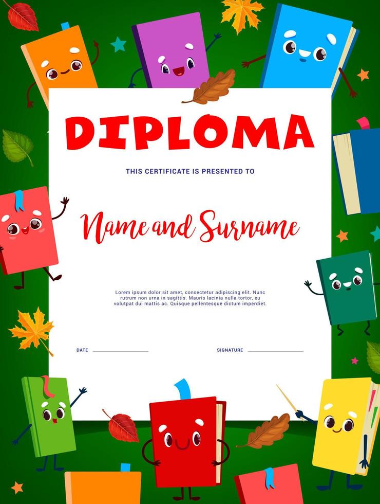 kinderen diploma tekenfilm schattig school- studieboeken, kader vector