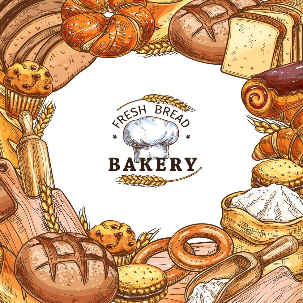 bakkerij winkel poster met brood, zoet gebakje schetsen vector