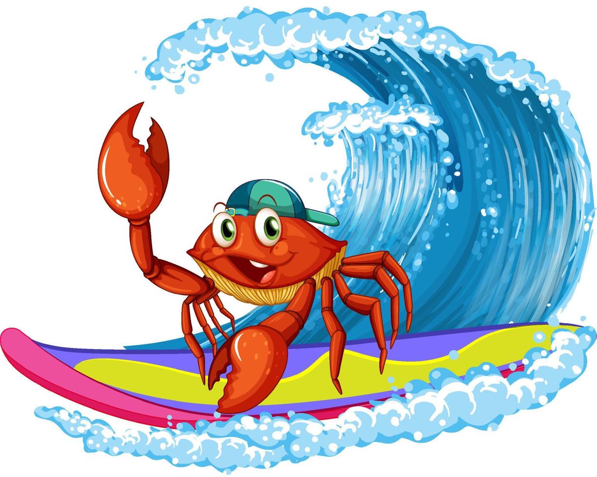 schattig krab stripfiguur surfen vector