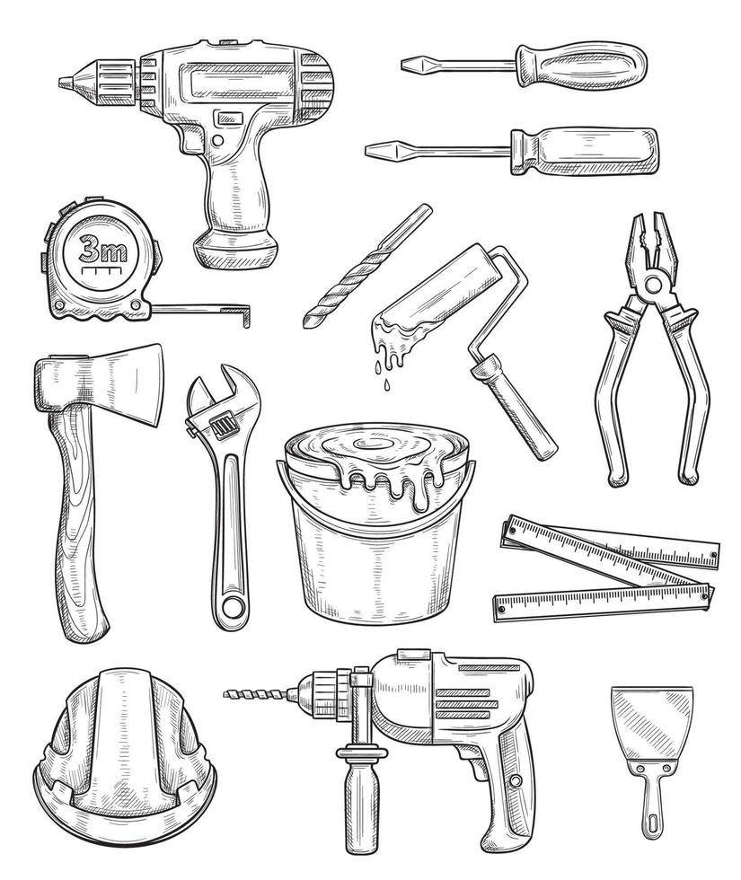 gereedschap schetsen van reparatie en bouw instrument vector