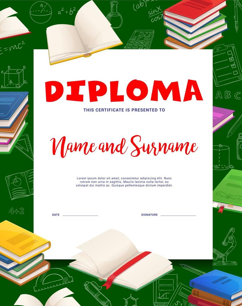 kinderen school- diploma, boeken en leerboeken kader vector