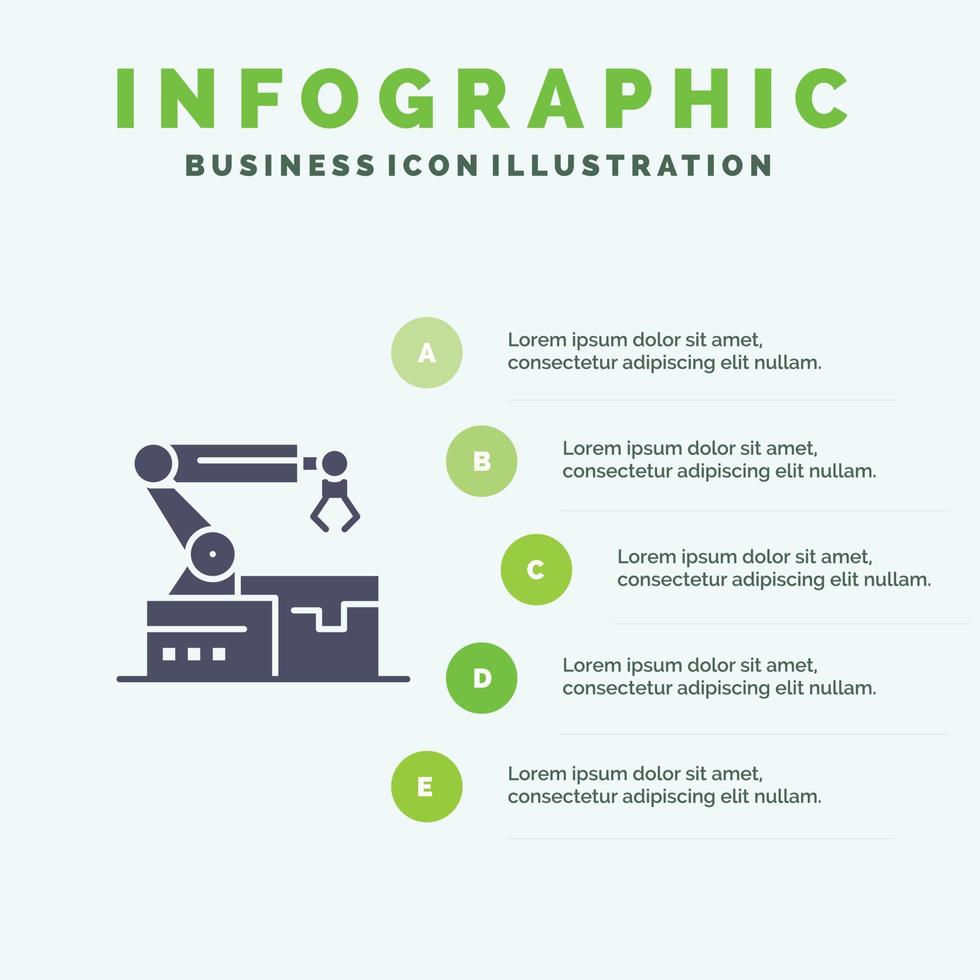 geautomatiseerd robot arm technologie solide icoon infographics 5 stappen presentatie achtergrond vector