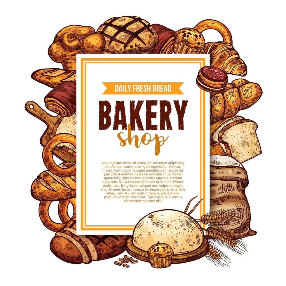 brood en gebakje schetsen kader voor bakkerij banier vector