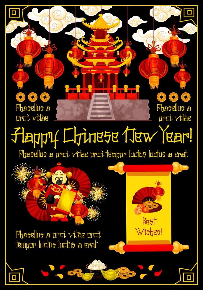 Chinese nieuw jaar kaart van pagode met rood lantaarn vector