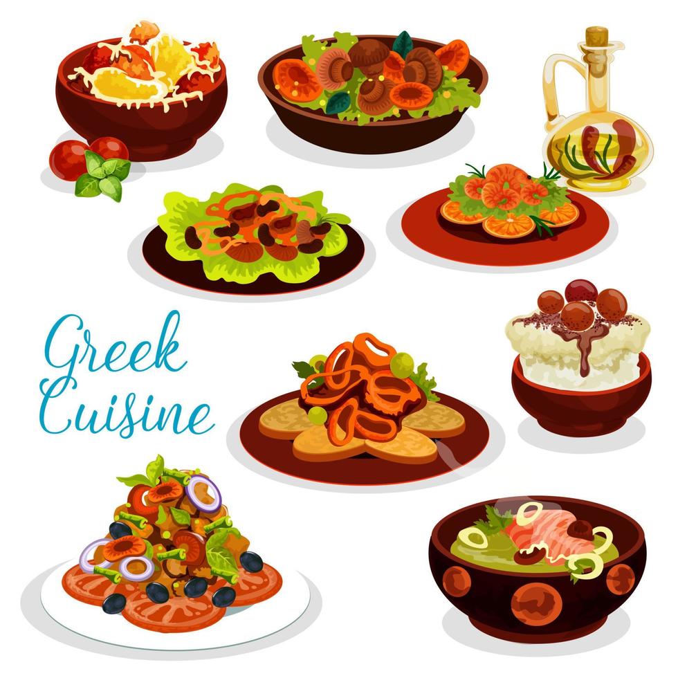 Grieks keuken icoon van zeevruchten lunch met toetje vector
