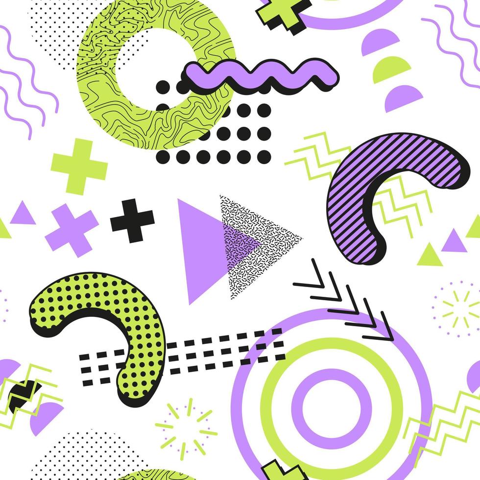 naadloos abstract patroon. Memphis elementen textuur. groen en Purper kleuren. vector