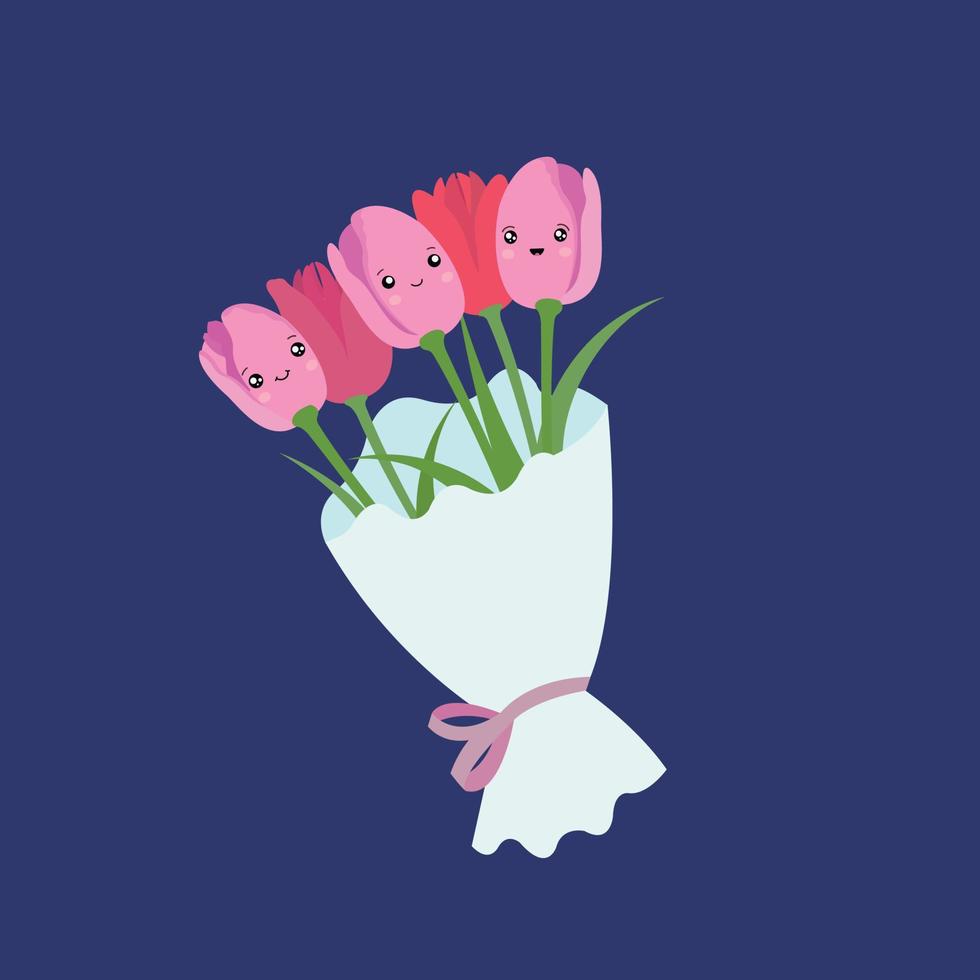 boeket van tulpen in kawaii tekenfilm stijl. vector illustratie.