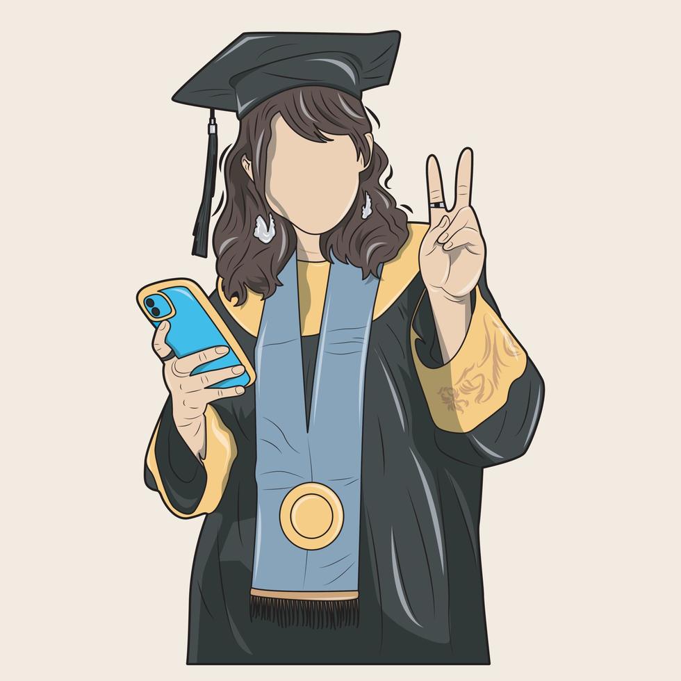 vector illustratie van mooi meisje Aan diploma uitreiking dag Holding cel telefoon en ketting met medaille, in vrede stijl