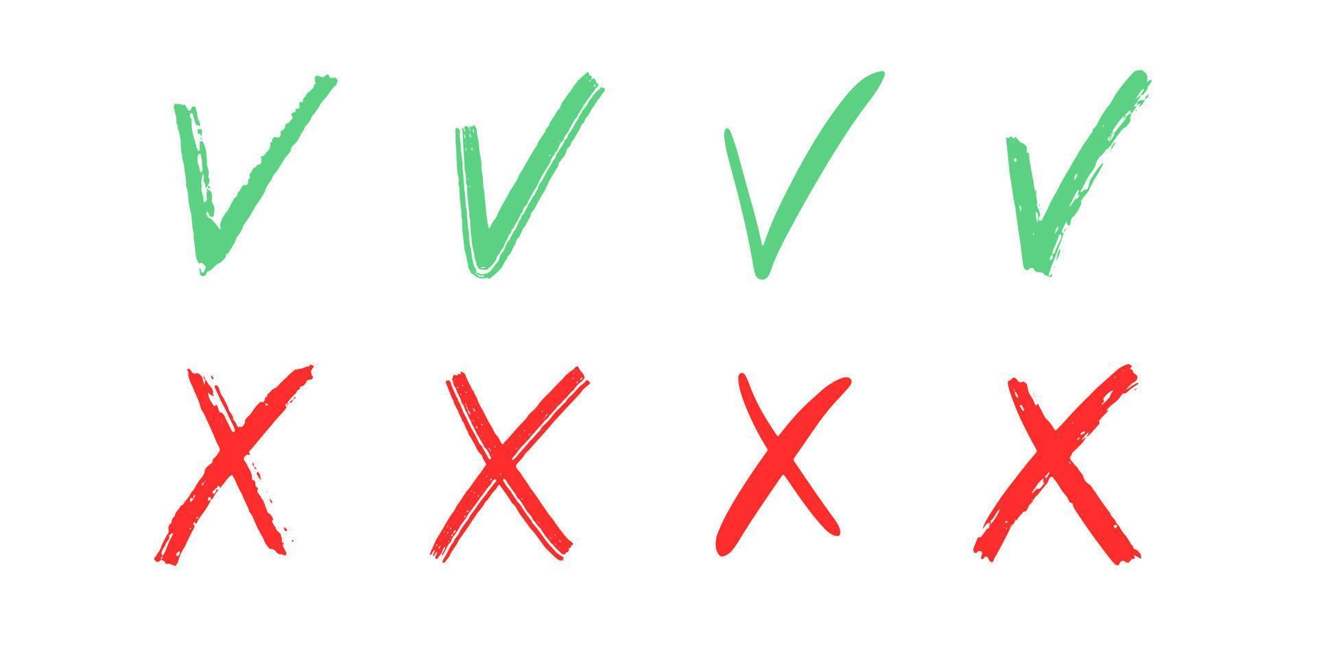 controleren en kruis teken elementen. vector toetsen voor stemmen, verkiezing keuze, Kruis aan merken, goedkeuring tekens ontwerp. rood X en groen OK symbool pictogrammen borstel structuur