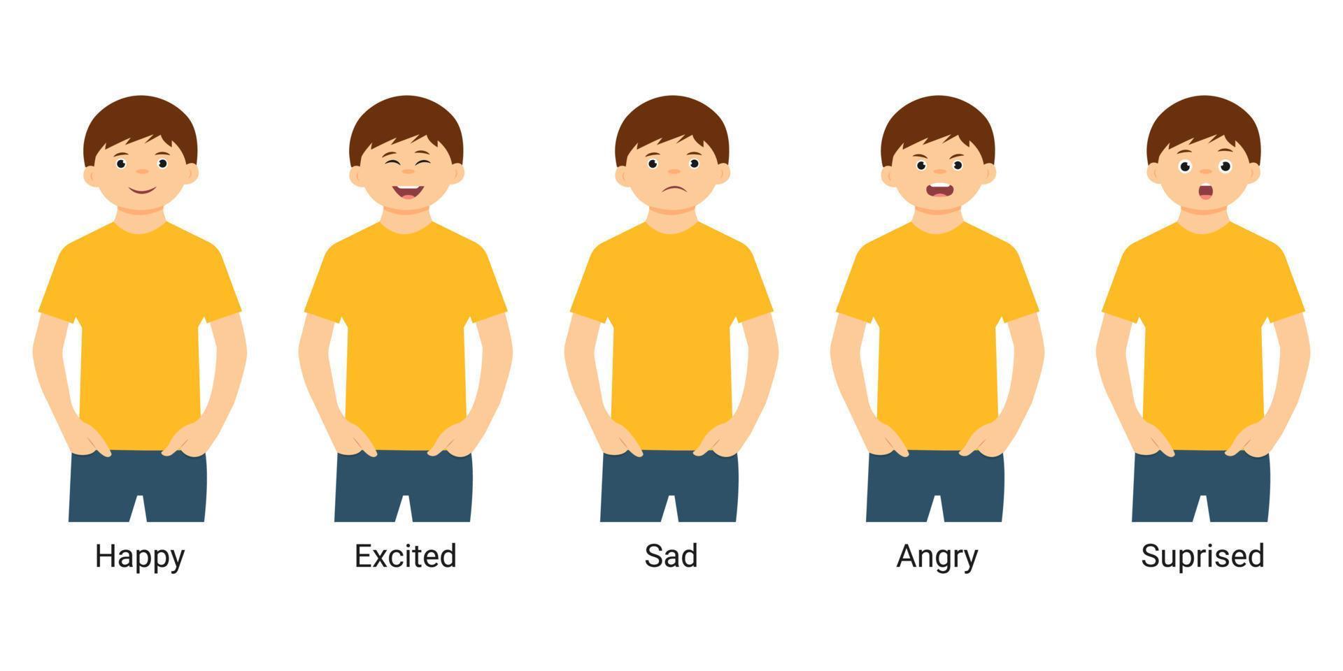 schattig jongen emoties set.gelukkig,opgewonden,verdrietig,boos,verbaasd. vector illustratie, geïsoleerd