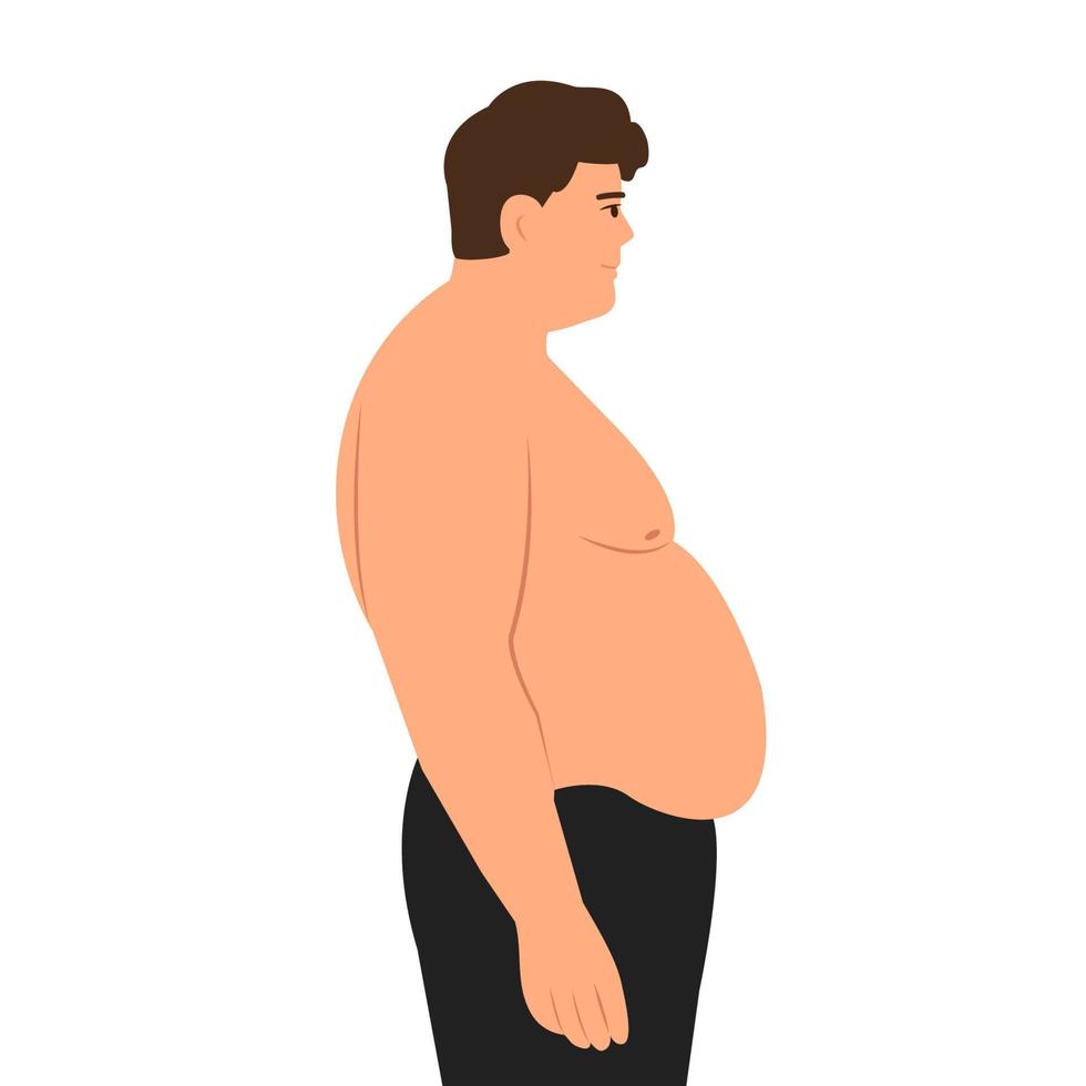 Mens in profiel met overgewicht. problemen met overschot gewicht. de concept van slecht aan het eten gebruiken, vraatzucht, zwaarlijvigheid en ongezond aan het eten. vector illustratie