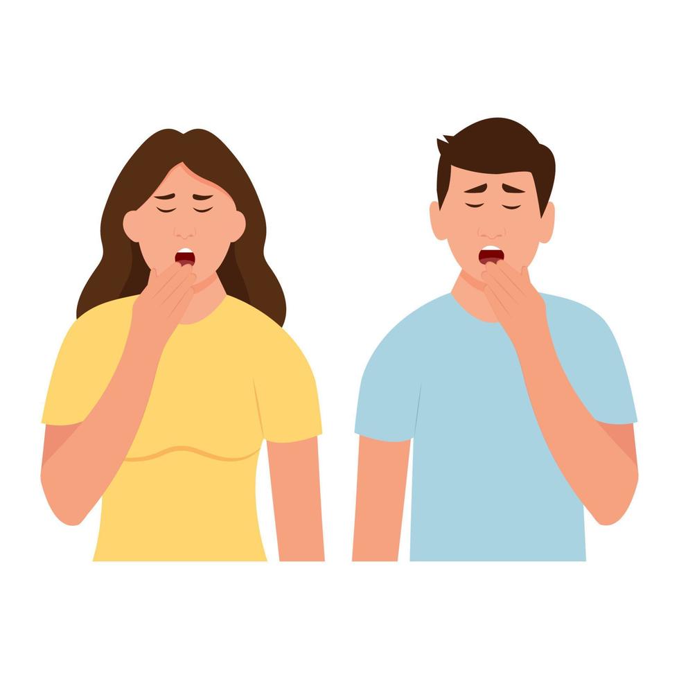 Mens en vrouw geeuwen aan het bedekken mond met hand. slaperig mensen met Open mond.vermoeidheid. laag energie.vector illustratie vector