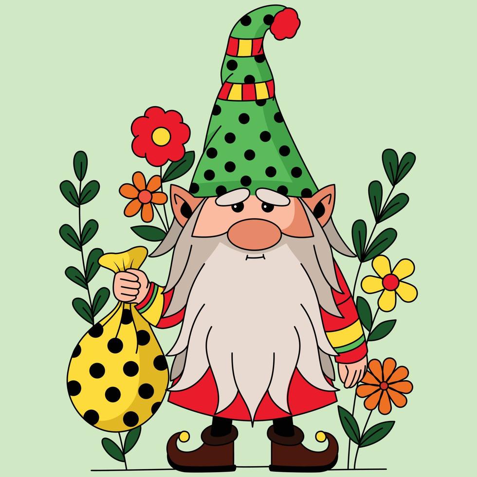 een schattig gnoom houdt een munt zak met een bloem decoratie achtergrond en kleurrijk vector illustratie