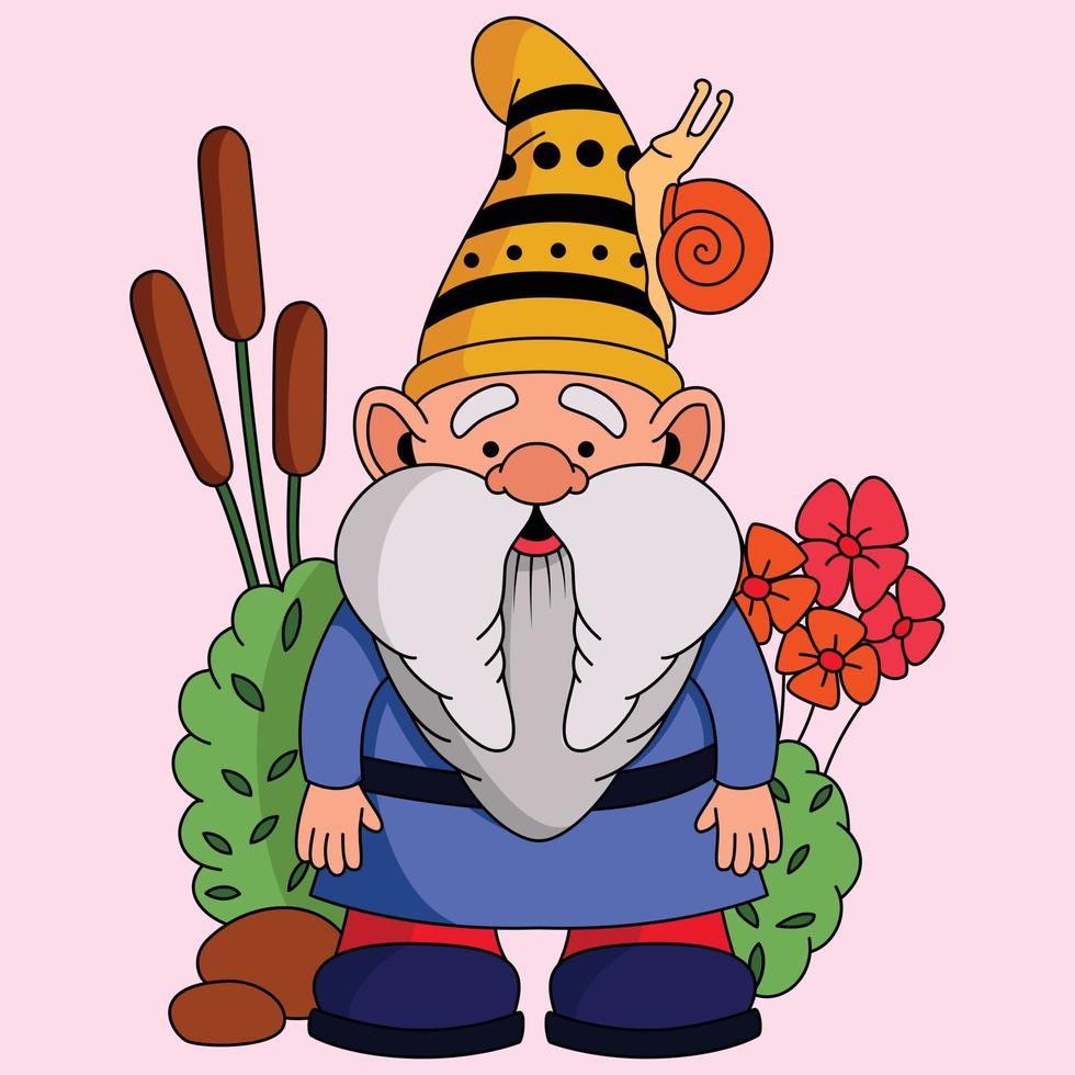 een schattig gnoom en zijn aanbiddelijk snell Aan zijn hoed met bloem decoratie achtergrond vector illustratie