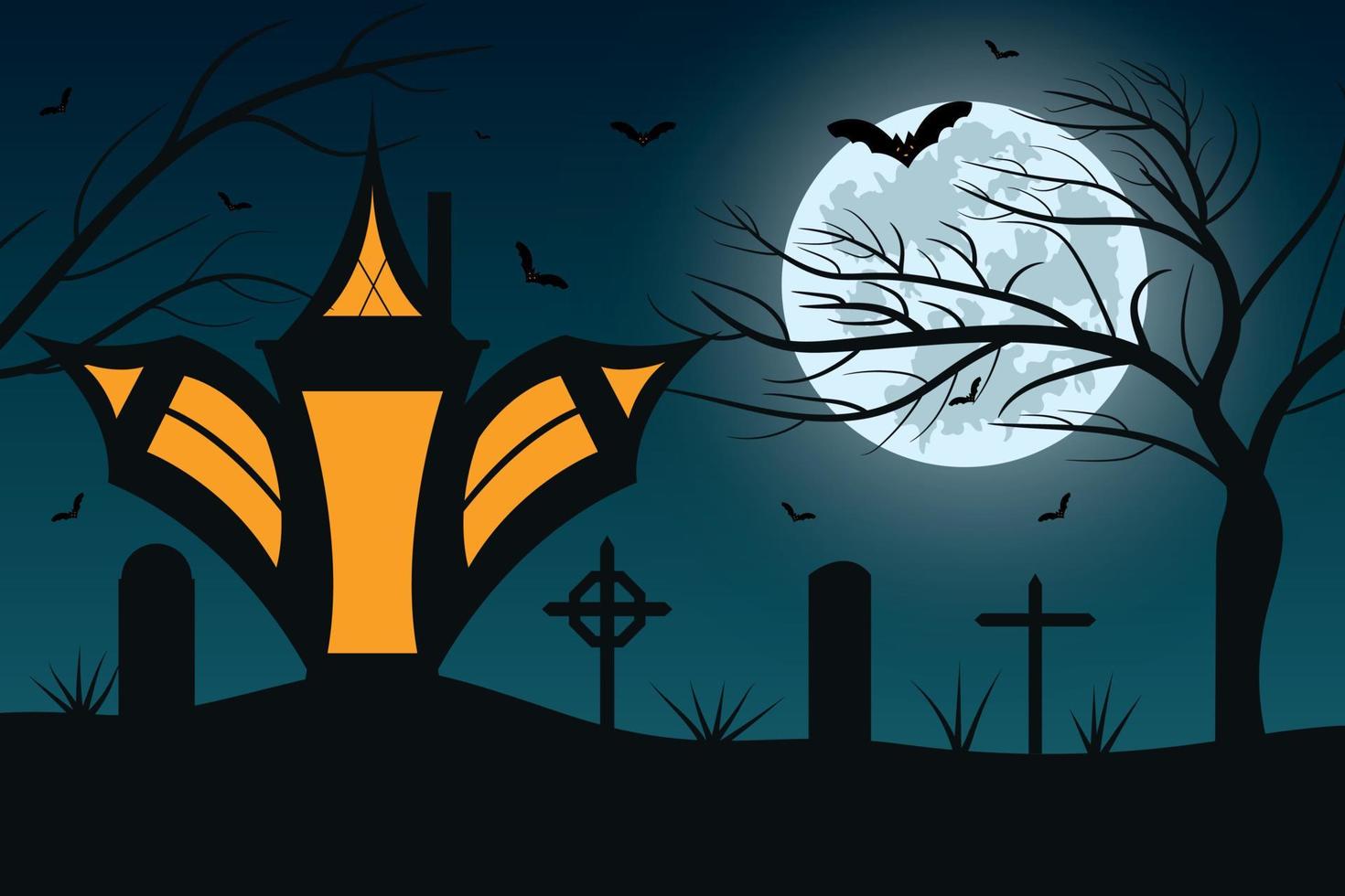 gelukkig halloween nacht achtergrond. halloween pompoenen, begraafplaats, spookachtig bomen en achtervolgd huis met verschrikking halloween concept vector illustratie.