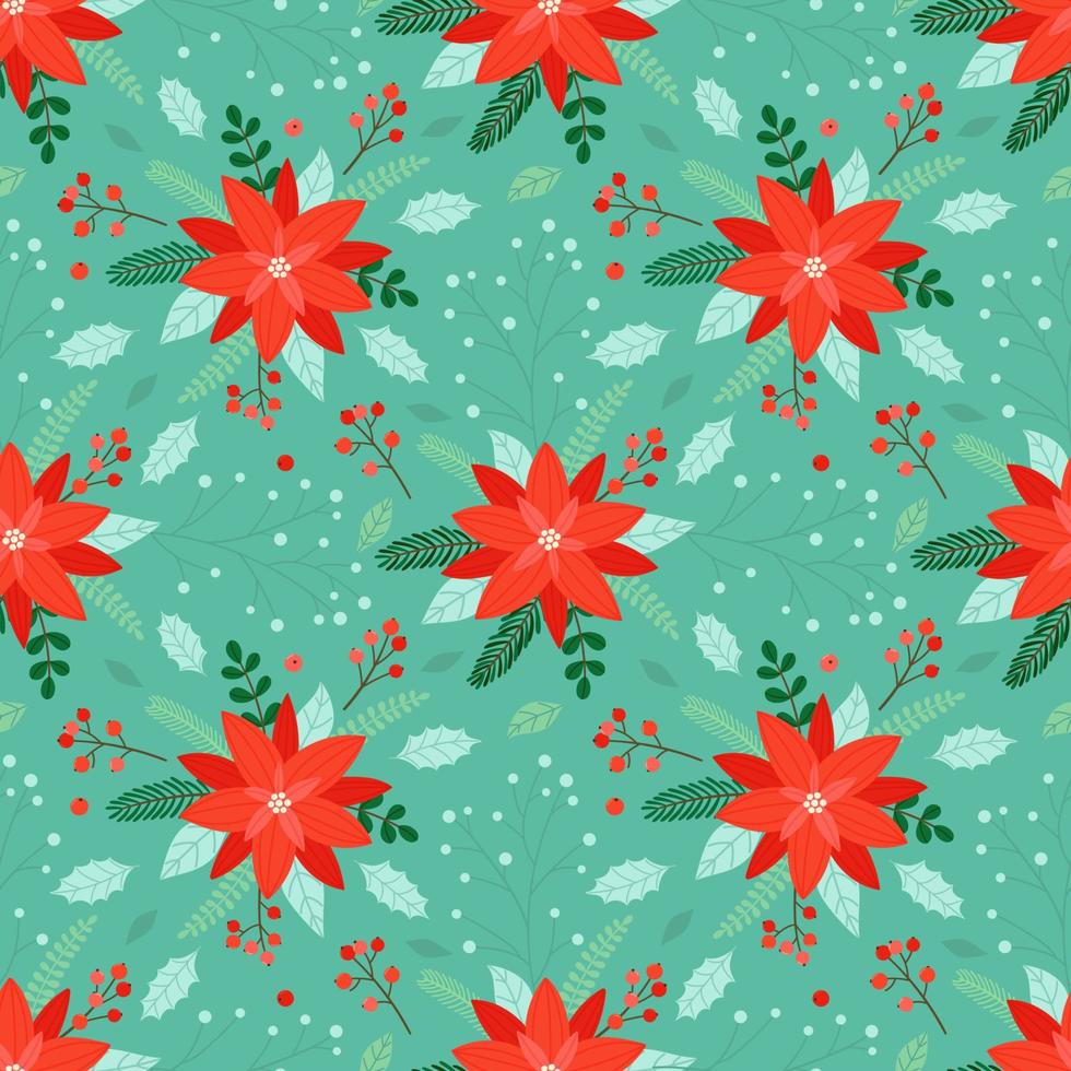 Kerstmis naadloos patroon met kerstster bloemen, takken en bessen Aan een licht groen achtergrond. vector achtergrond voor Kerstmis verpakking, kleding stof, textiel, omhulsel papier