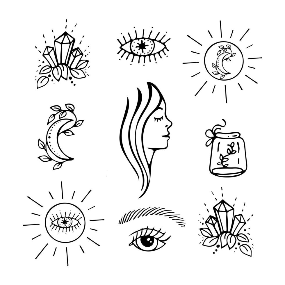 esoterisch symbolen hand- getrokken set. vector doodles oog, maan, zon, vrouw profiel, Kristallen
