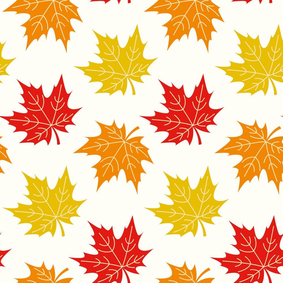 naadloos patroon met esdoorn- bladeren. hand- getrokken vector illustratie in warm kleuren. achtergrond voor herfst oogst vakantie, dankzegging, halloween, seizoensgebonden, textiel, scrapbooken.