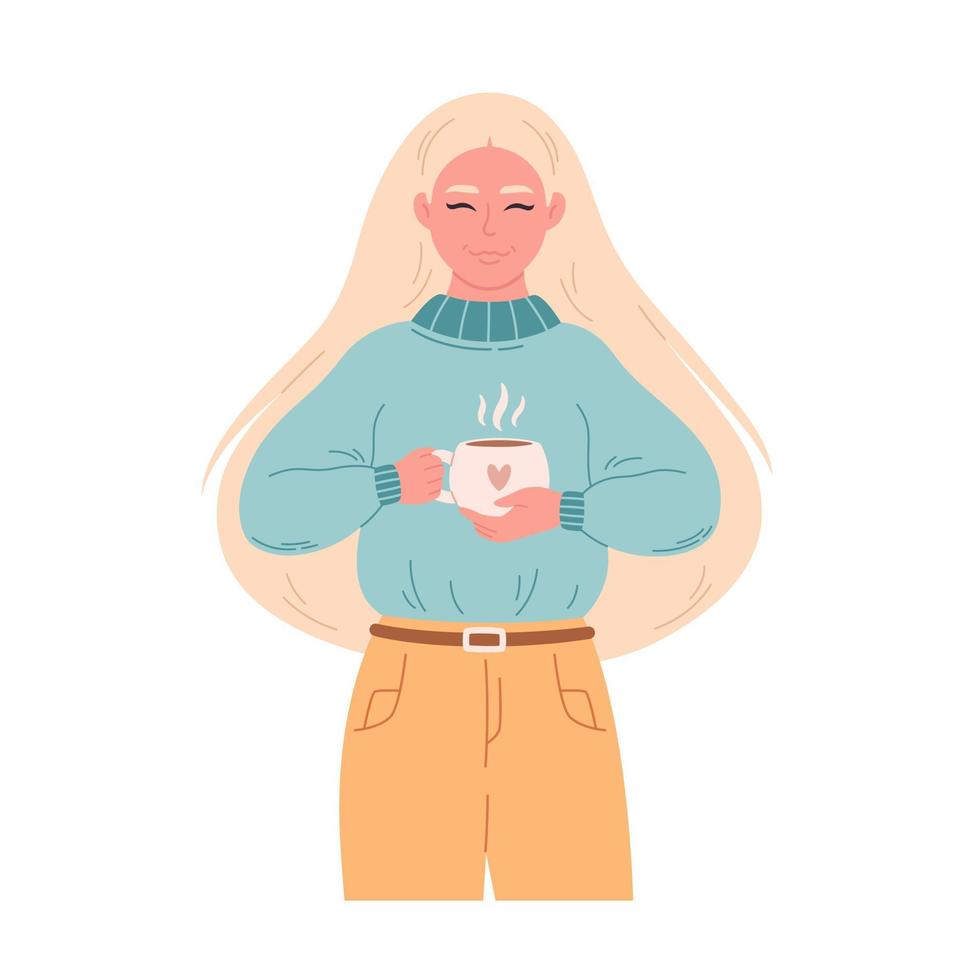 vrouw in trui met kop van heet drankje. vrouw met koffie. winter tijd, gelukkig vakantie, hygge vector