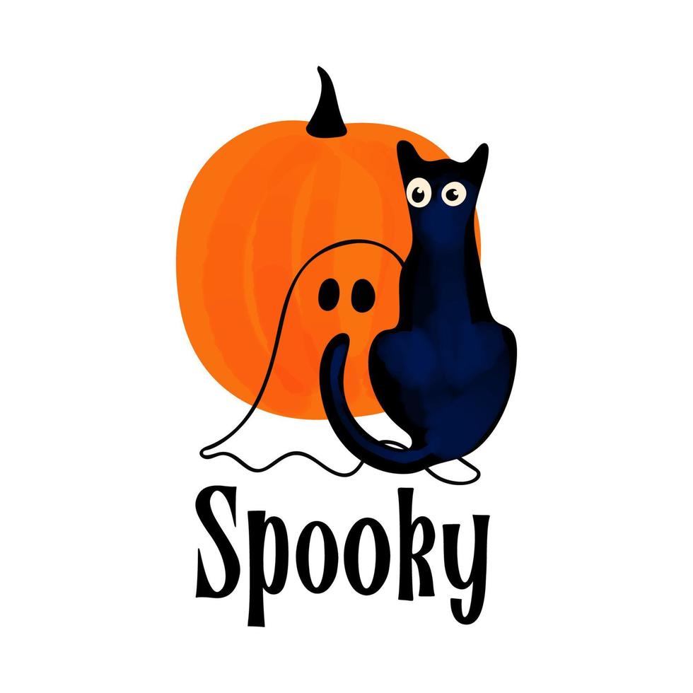 halloween illustratie met pompoen, geest en zwart kat met tekst spookachtig geïsoleerd Aan wit achtergrond vector
