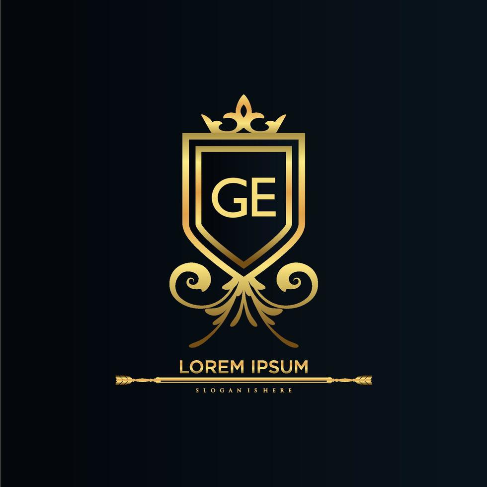 ge brief eerste met Koninklijk sjabloon.elegant met kroon logo vector, creatief belettering logo vector illustratie.