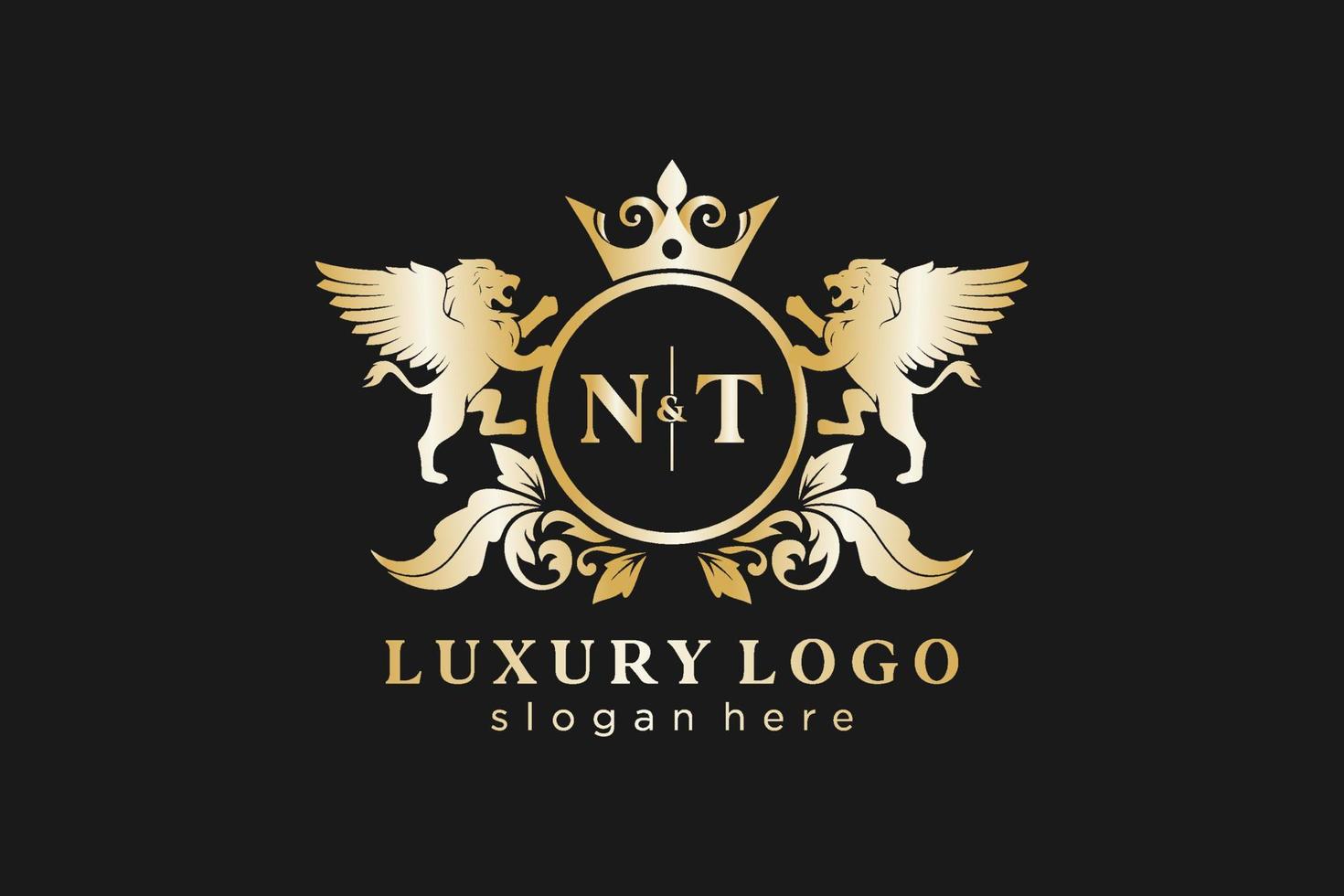 eerste nt brief leeuw Koninklijk luxe logo sjabloon in vector kunst voor restaurant, royalty, boetiek, cafe, hotel, heraldisch, sieraden, mode en andere vector illustratie.