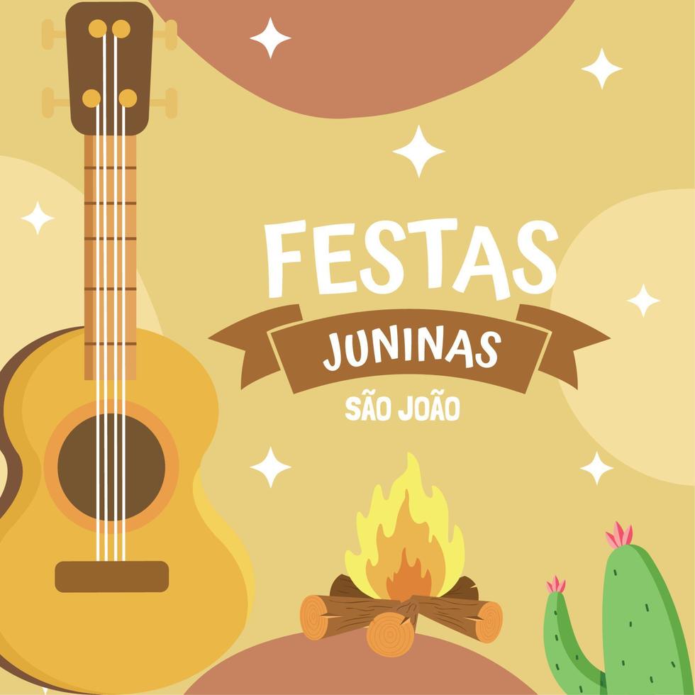 festa Junina poster met een gitaar kampvuur en cactus vector illustratie