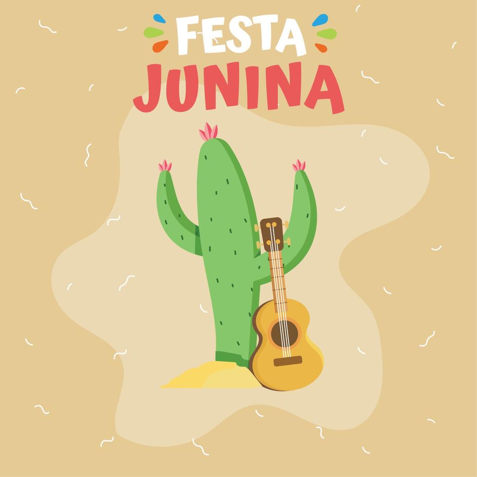 geïsoleerd groen cactus en een houten gitaar festa Junina poster vector illustratie