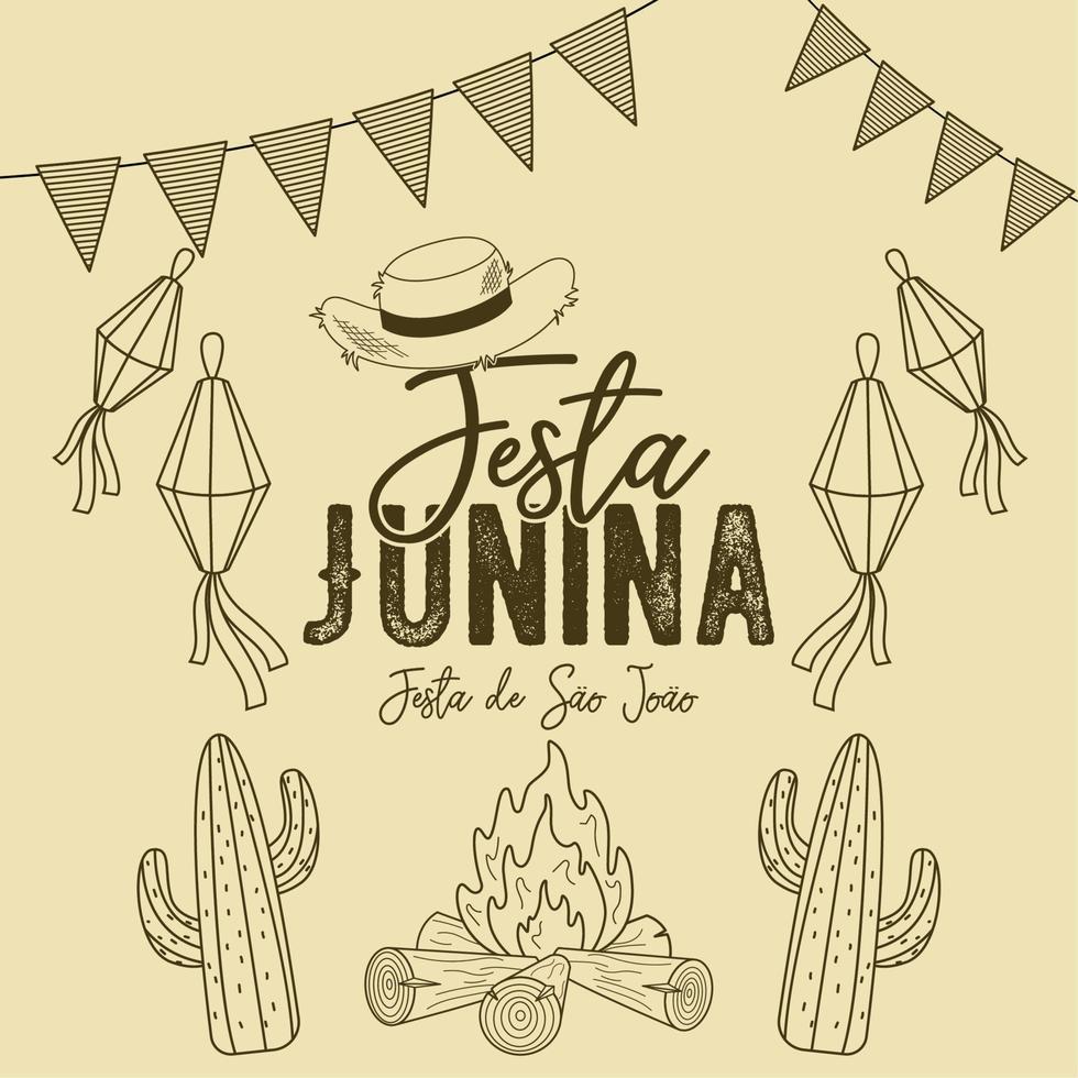poster met schetsen van cactus en kampvuur festa Junina sjabloon vector illustratie
