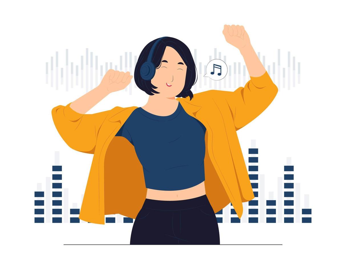 dansen meisje terwijl luisteren naar de muziek- in koptelefoon, kiezen geluid spoor, liedje, Speel lijst, podcast Aan telefoon concept illustratie vector