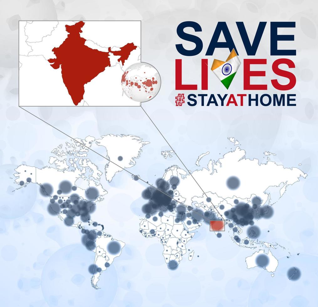 wereld kaart met gevallen van coronavirus focus Aan Indië, covid-19 ziekte in Indië. leuze opslaan leeft met vlag van Indië. vector