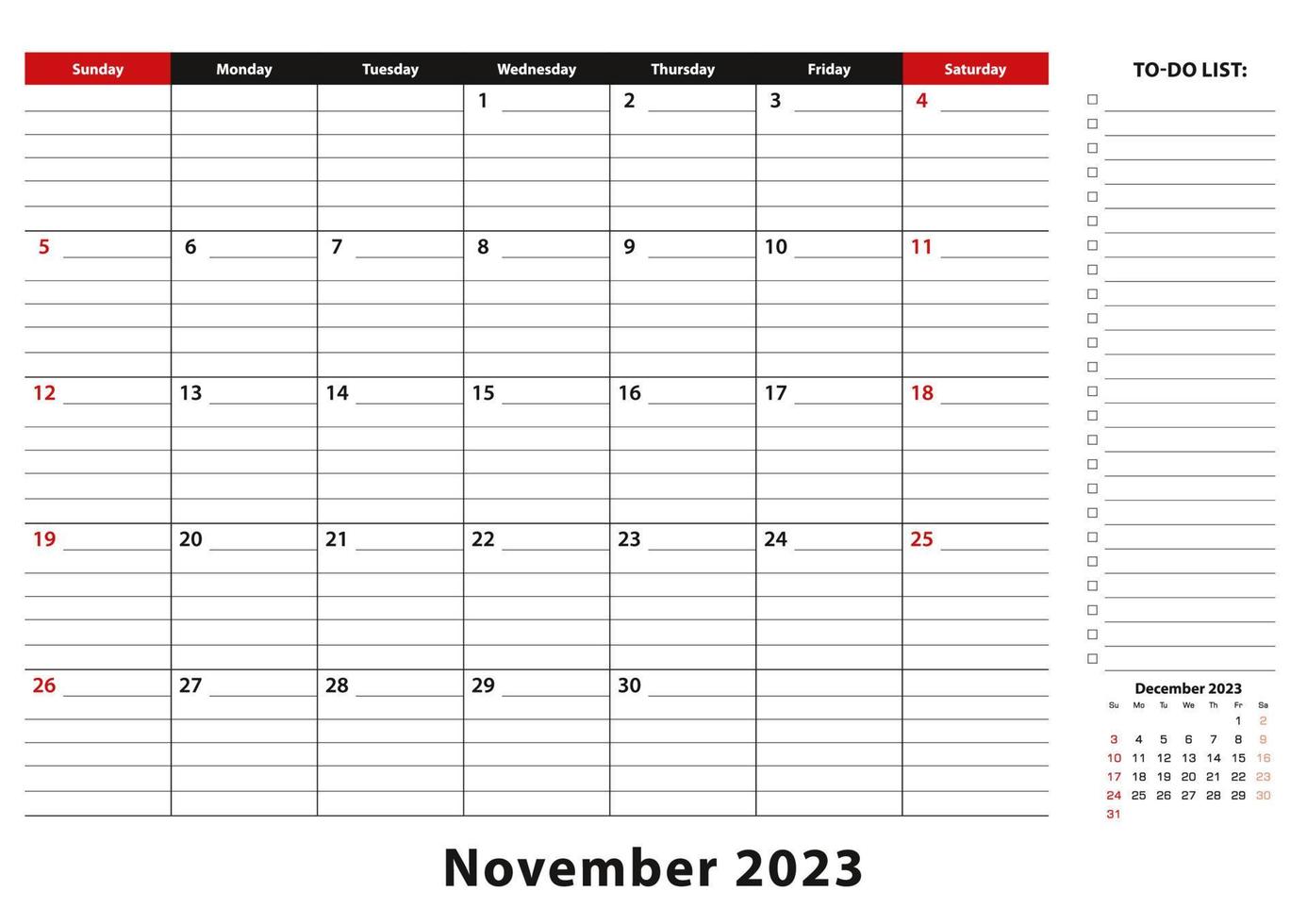 november 2023 maandelijks bureau stootkussen kalender week begint van zondag, grootte a3. vector