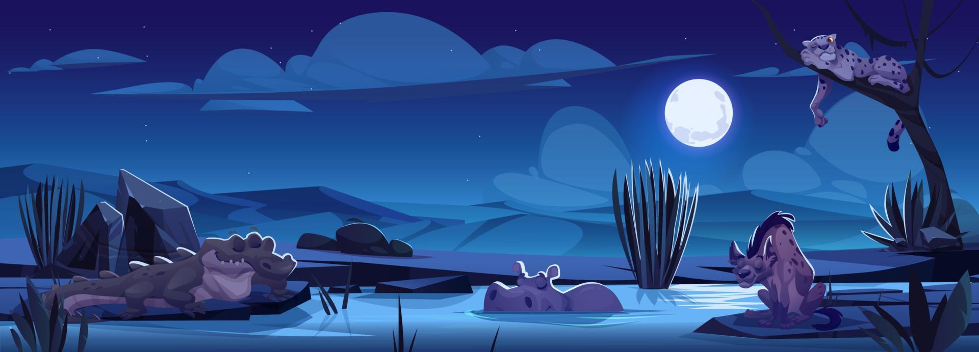 tekenfilm Afrikaanse dieren nacht savanne landschap. vector