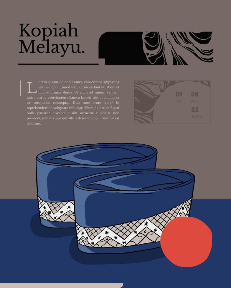 melayunes traditioneel hoed gebeld kopiah Indonesië cultuur poster ontwerp inspiratie handgetekend illustratie vector