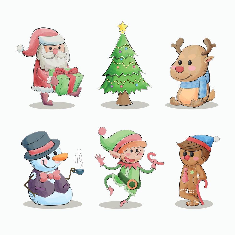 Kerstmis schattig tekens waterverf tekenfilm illustratie reeks vector